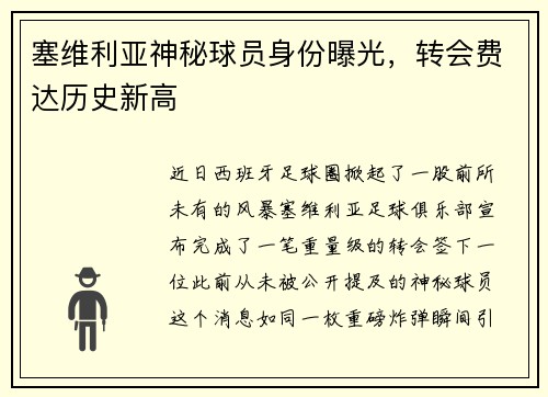 塞维利亚神秘球员身份曝光，转会费达历史新高