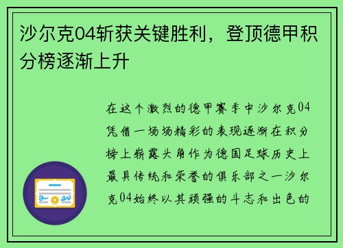 沙尔克04斩获关键胜利，登顶德甲积分榜逐渐上升