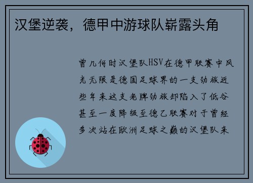 汉堡逆袭，德甲中游球队崭露头角