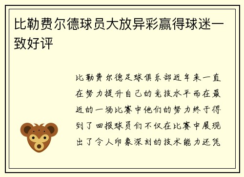 比勒费尔德球员大放异彩赢得球迷一致好评