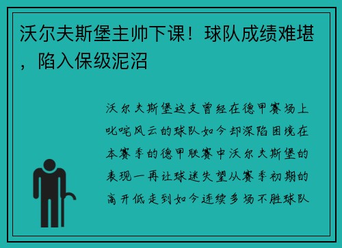 沃尔夫斯堡主帅下课！球队成绩难堪，陷入保级泥沼