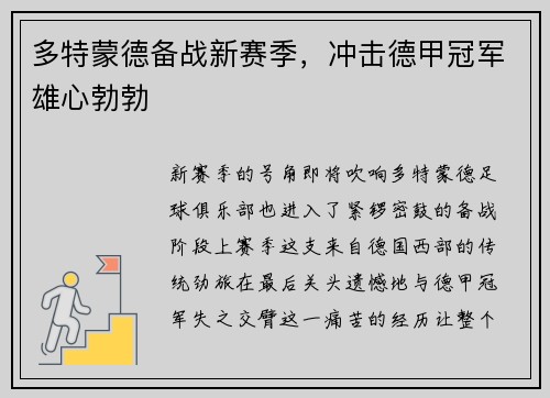 多特蒙德备战新赛季，冲击德甲冠军雄心勃勃